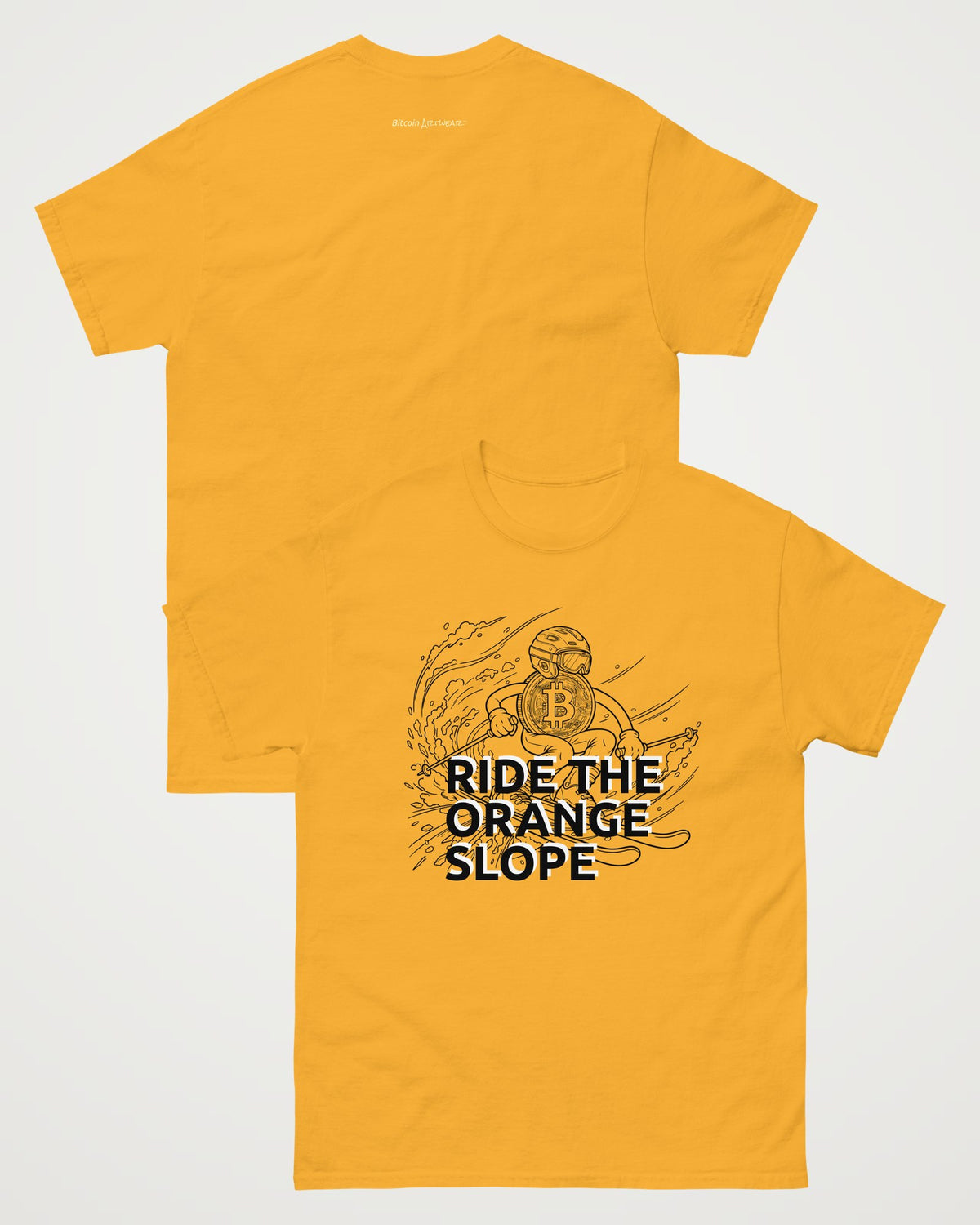 Ride The Orange Slope Ski Men's Bitcoin T-shirt on a orange t-shirt, collage view