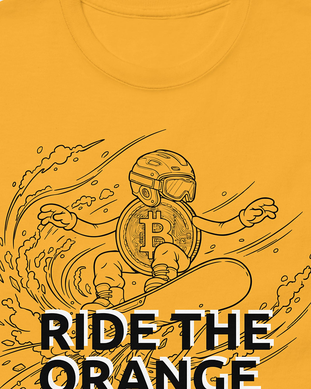 Ride The Orange Slope Snowboard Men's Bitcoin T-shirt on a orange t-shirt, detail view