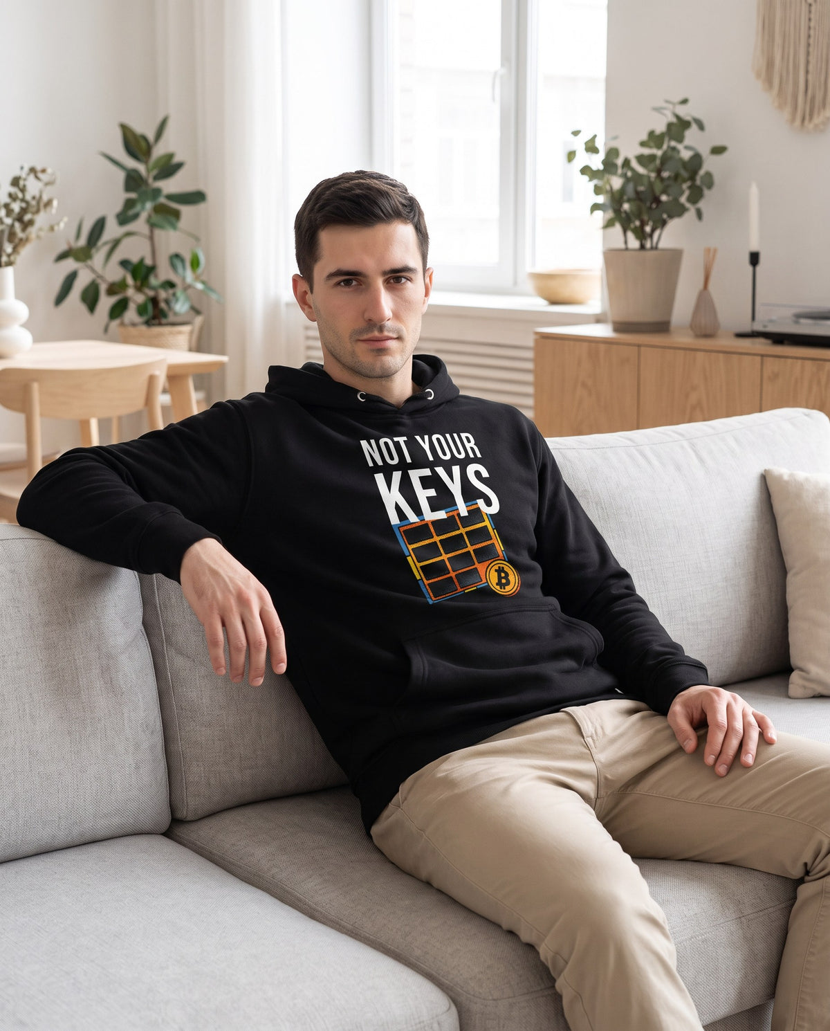 Not Your Keys on a black hoodie, scandinavian living room