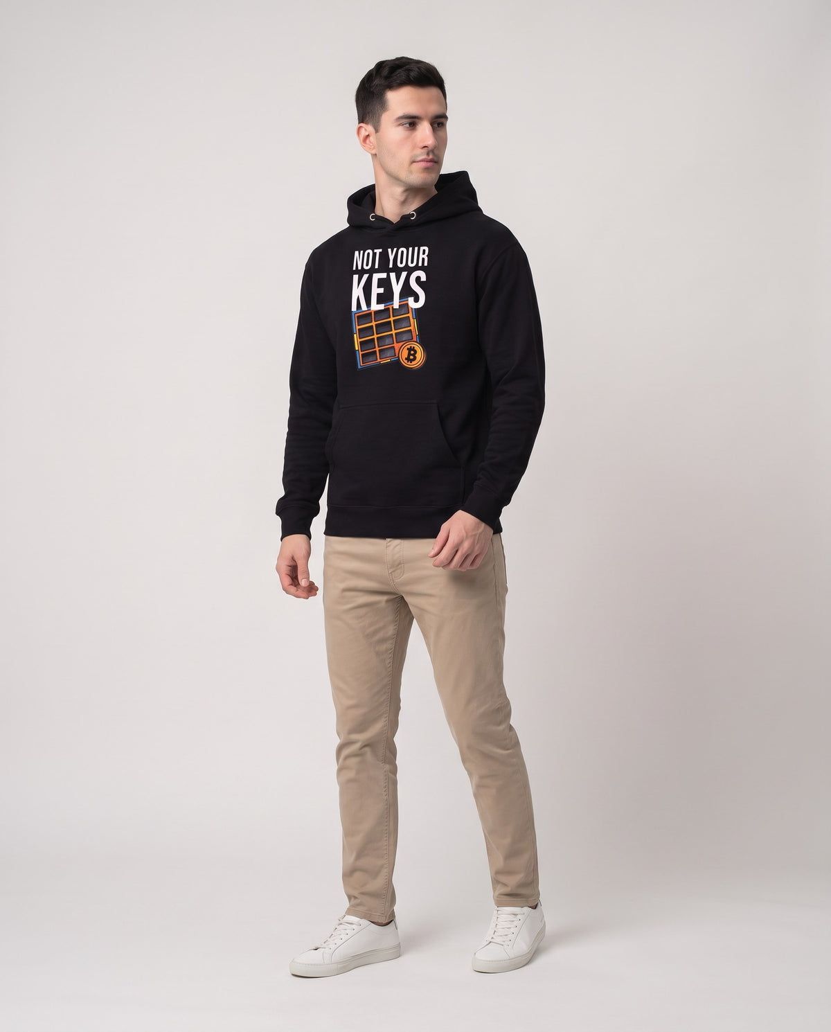 Not Your Keys on a black hoodie, studio full figure