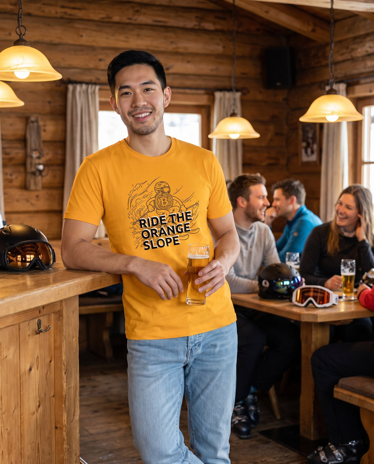 Ride The Orange Slope Ski Men's Bitcoin T-shirt on a orange t-shirt, apres-ski hut