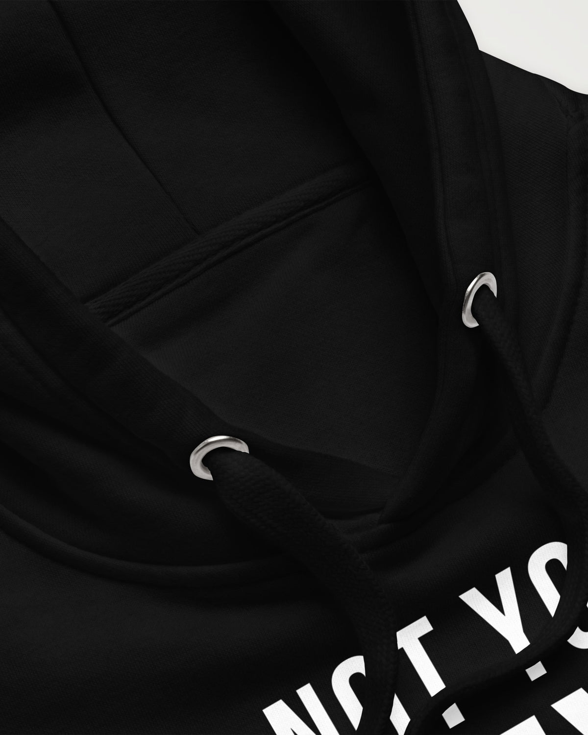 Not Your Keys on a black hoodie, detail view