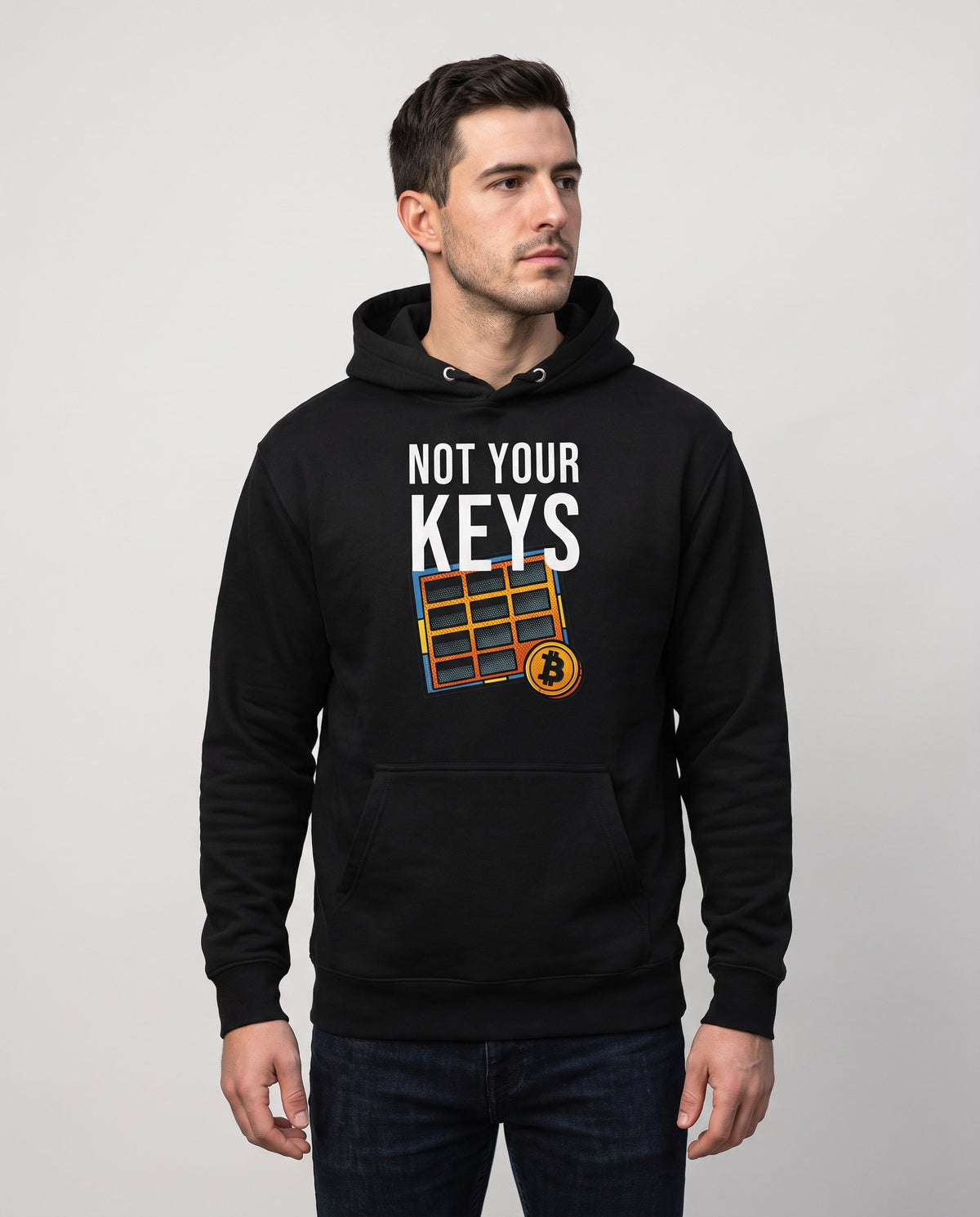 Not Your Keys on a black hoodie, studio front