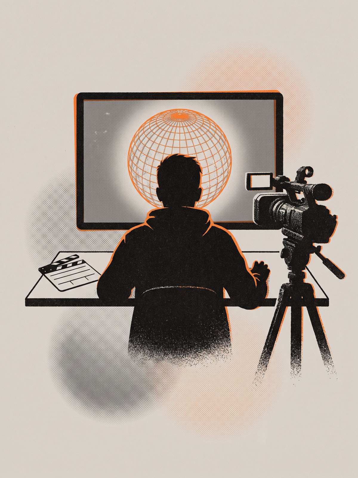 Riso Print of a Studio at Night with a 3D Render on the Screen and a Film Camera