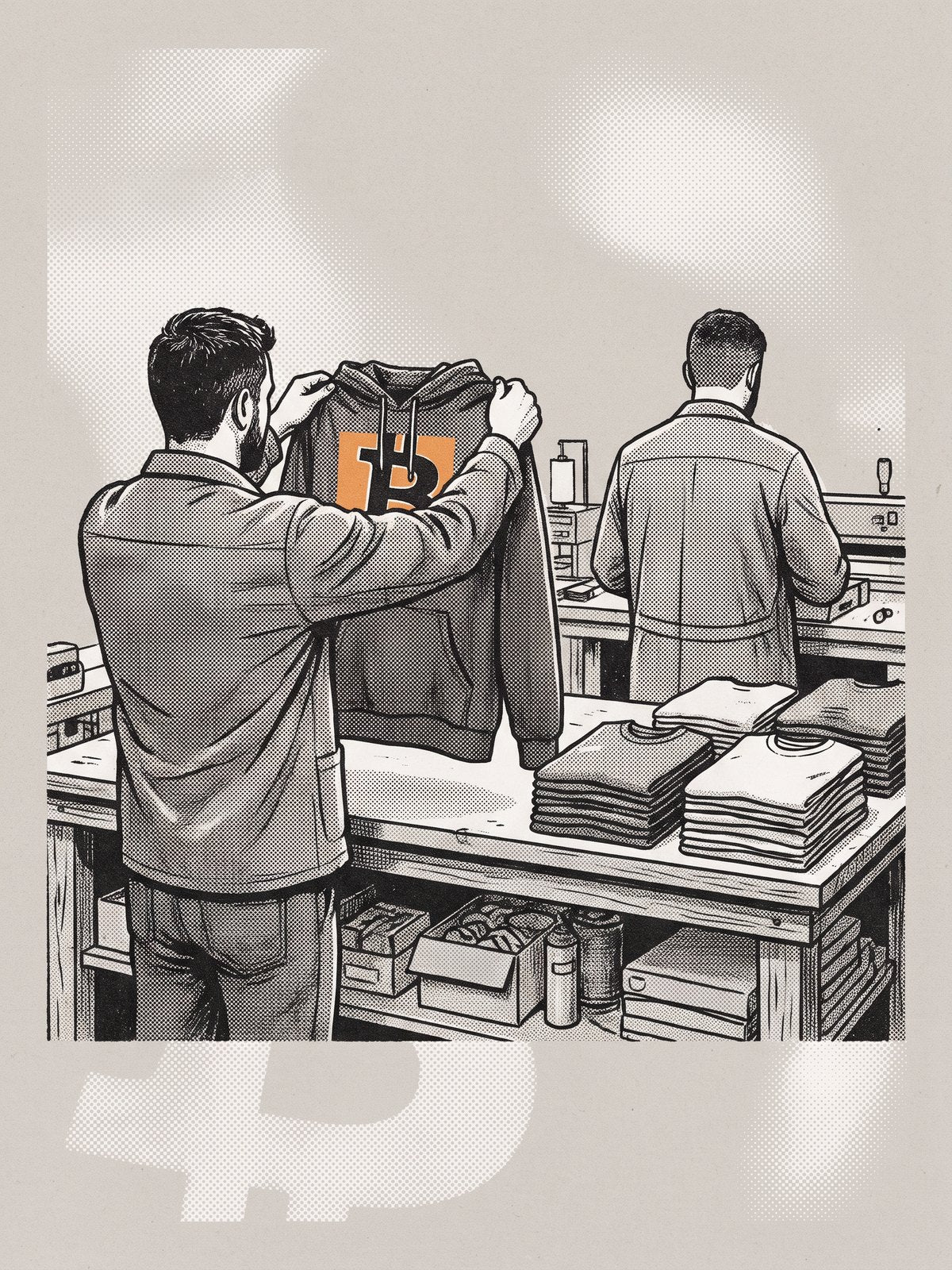 Riso Print of two Men holding up a freshly printed Bitcoin Hoodie