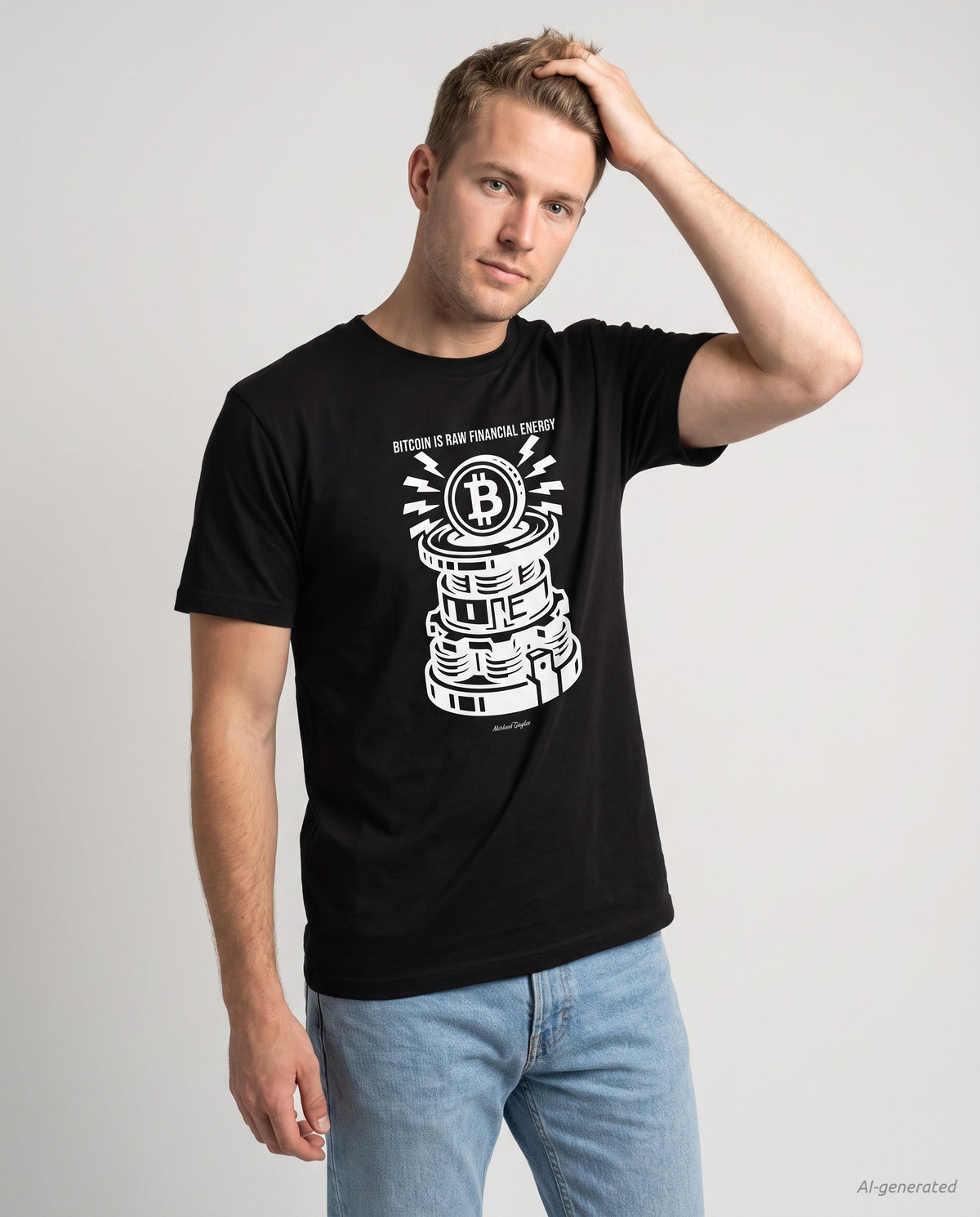Bitcoin is raw financial energy on a black t-shirt, studio front