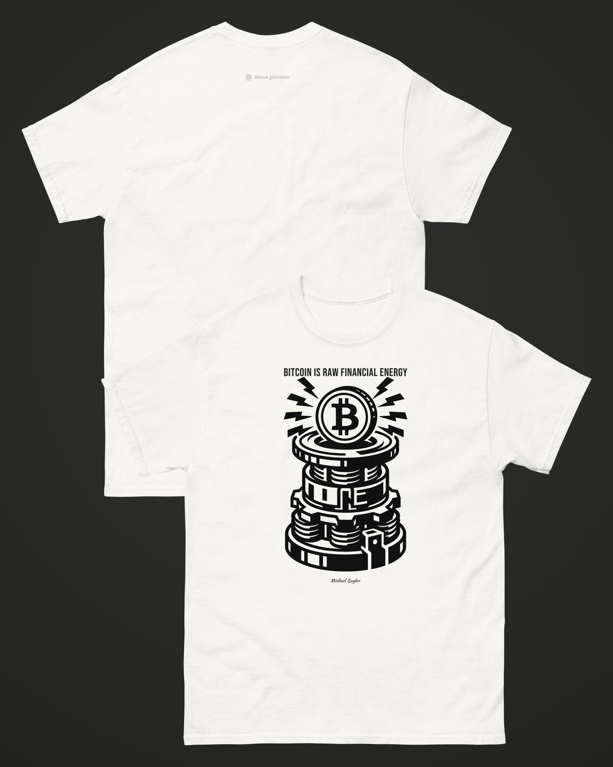 Bitcoin is raw financial energy on a white t-shirt, collage view