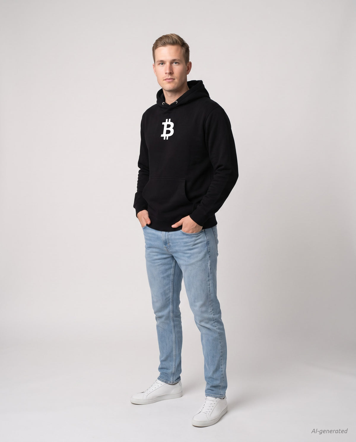 Bitcoin Symbol on a black hoodie, studio full figure