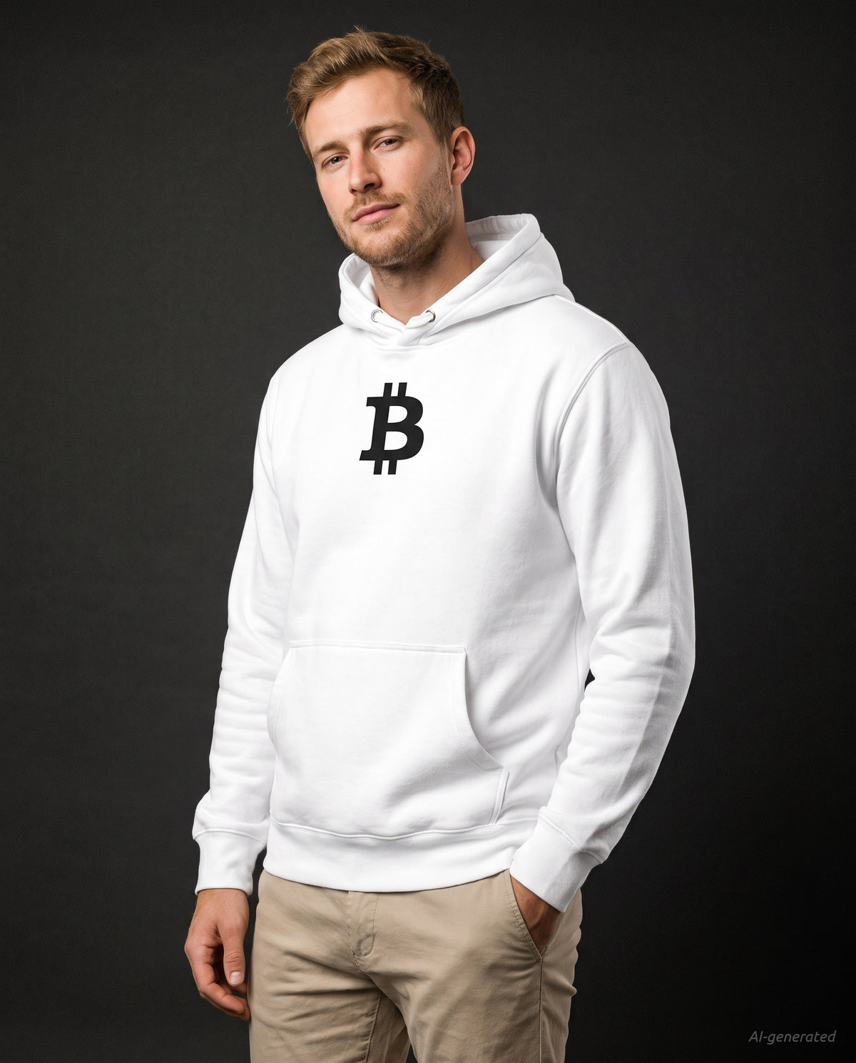 Bitcoin Symbol on a white hoodie, studio front