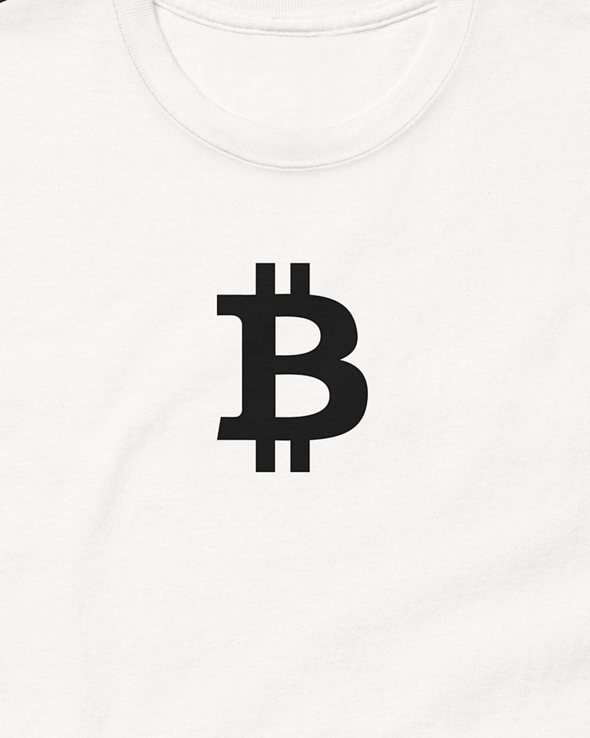 Bitcoin Symbol on a white t-shirt, detail view