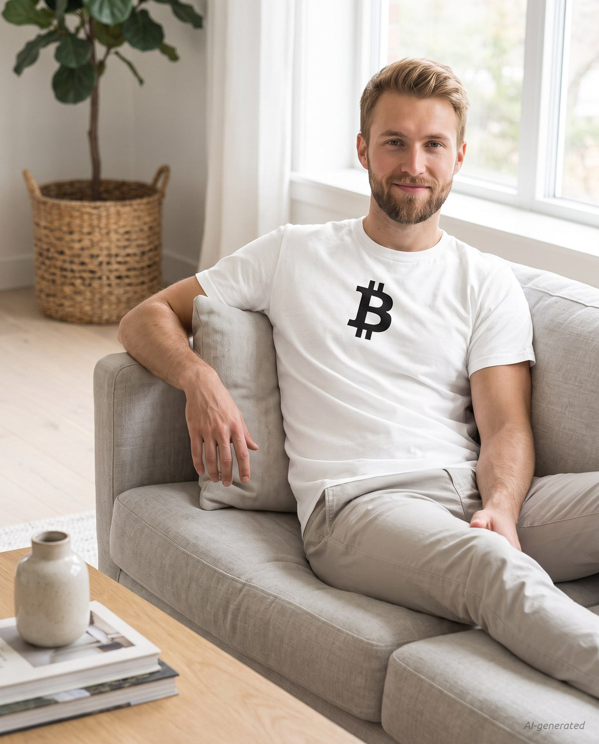 Bitcoin Symbol on a white t-shirt, scandinavian living room