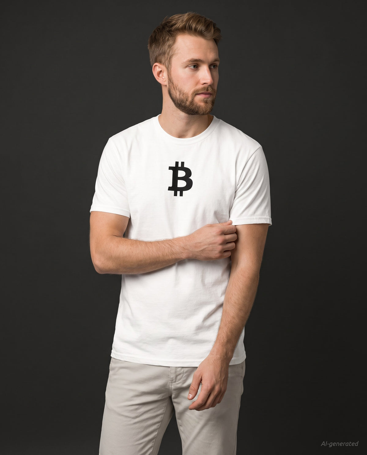 Bitcoin Symbol on a white t-shirt, studio front