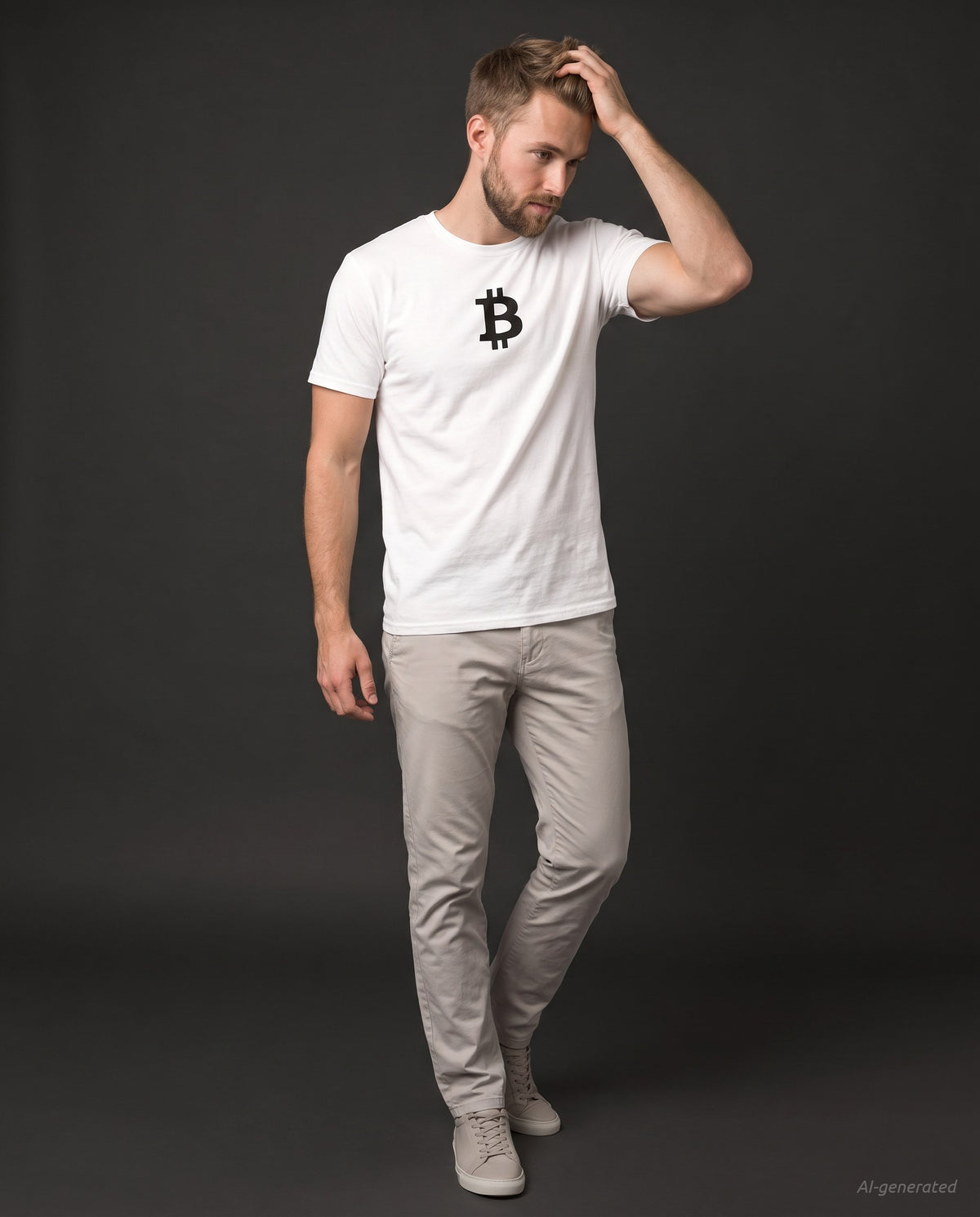 Bitcoin Symbol on a white t-shirt, studio full figure