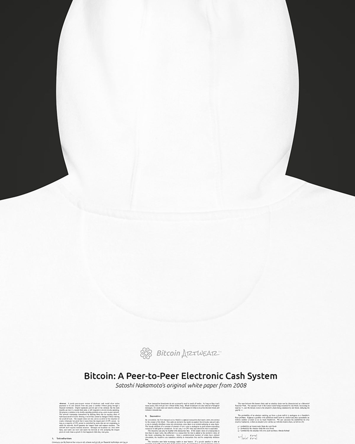 Bitcoin Whitepaper on a white hoodie, detail view
