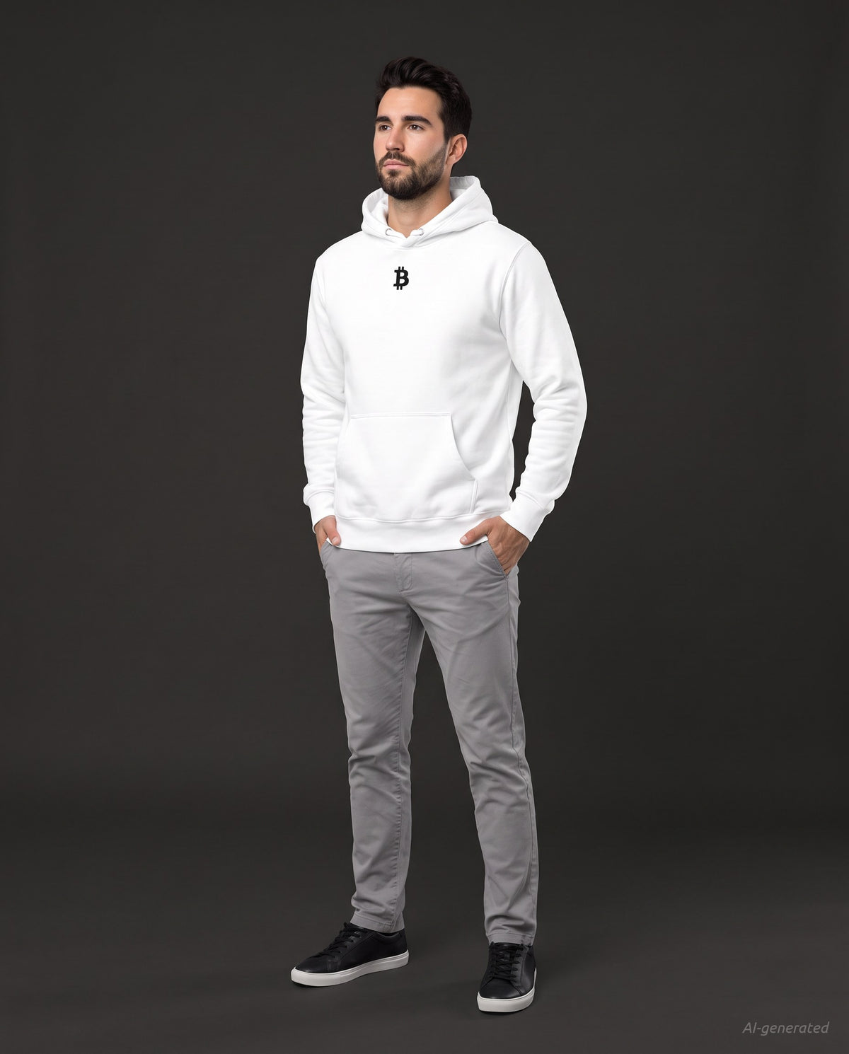 Bitcoin Whitepaper on a white hoodie, studio full figure