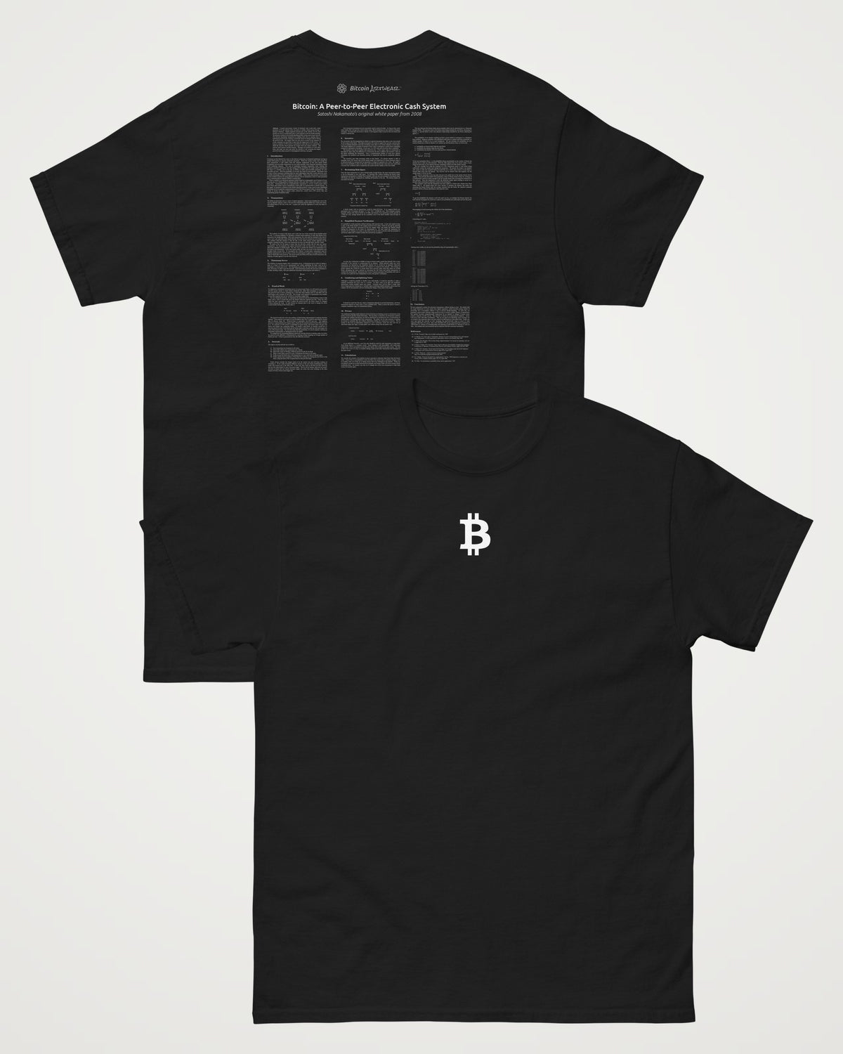 Bitcoin Whitepaper on a black t-shirt, collage view
