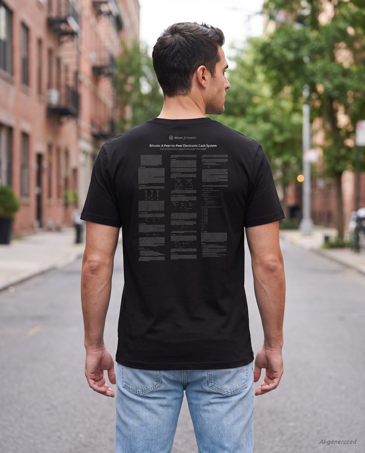 Bitcoin Whitepaper on a black t-shirt, seen from behind