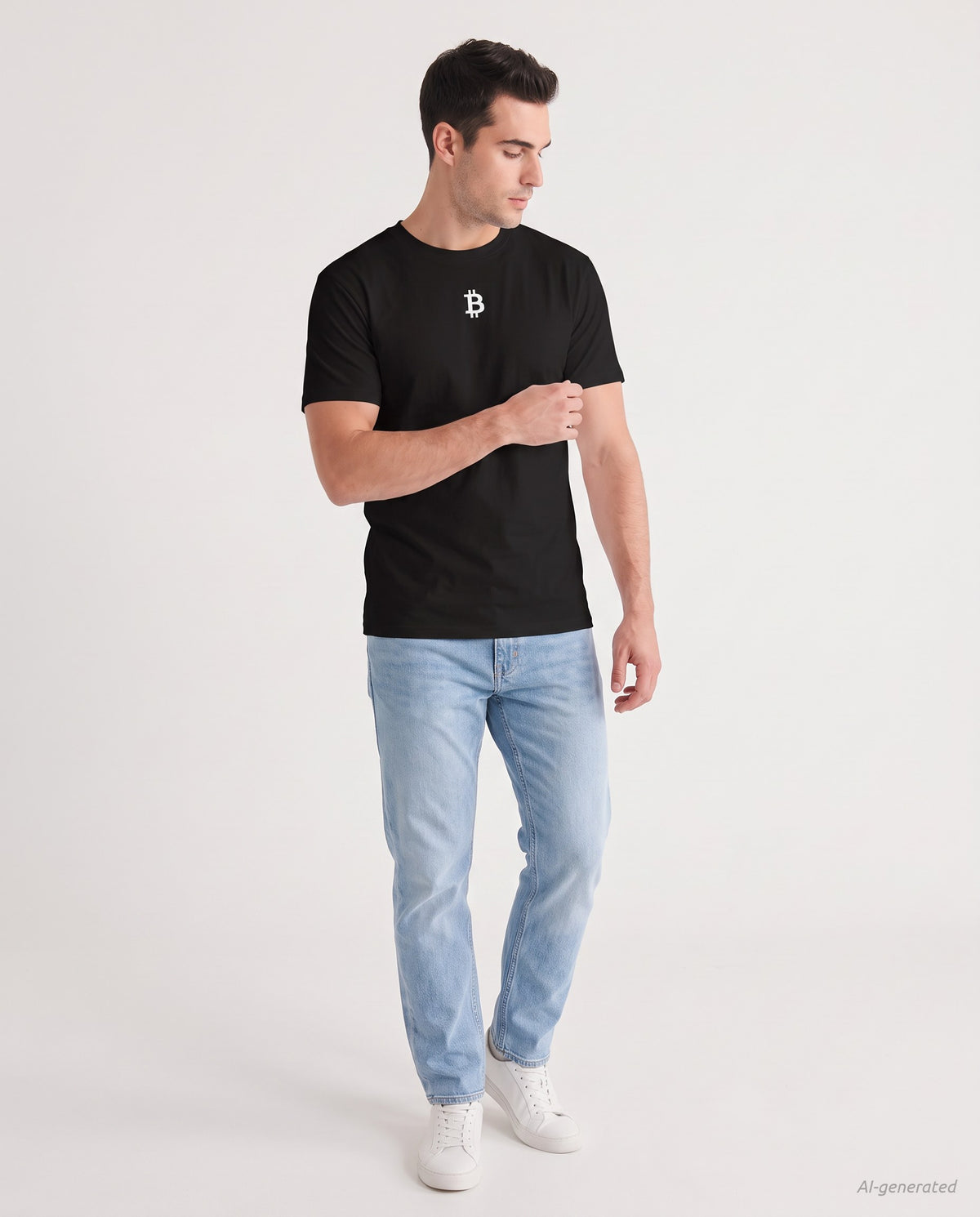 Bitcoin Whitepaper on a black t-shirt, studio full figure