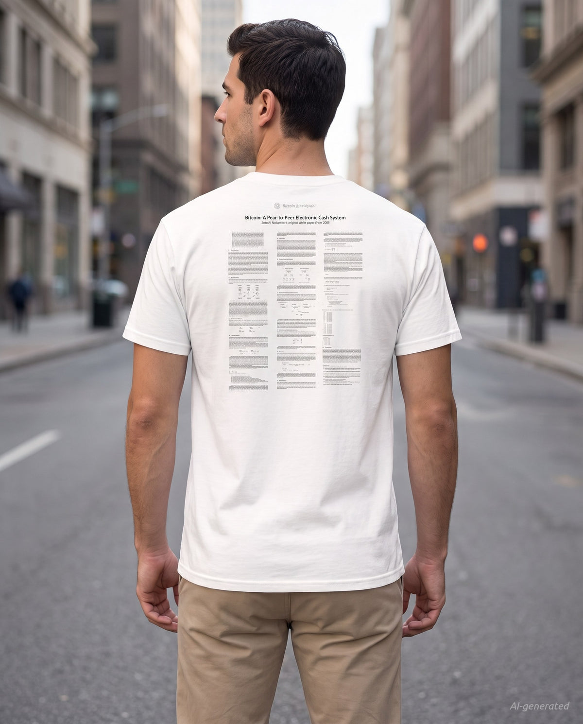 Bitcoin Whitepaper on a white t-shirt, seen from behind
