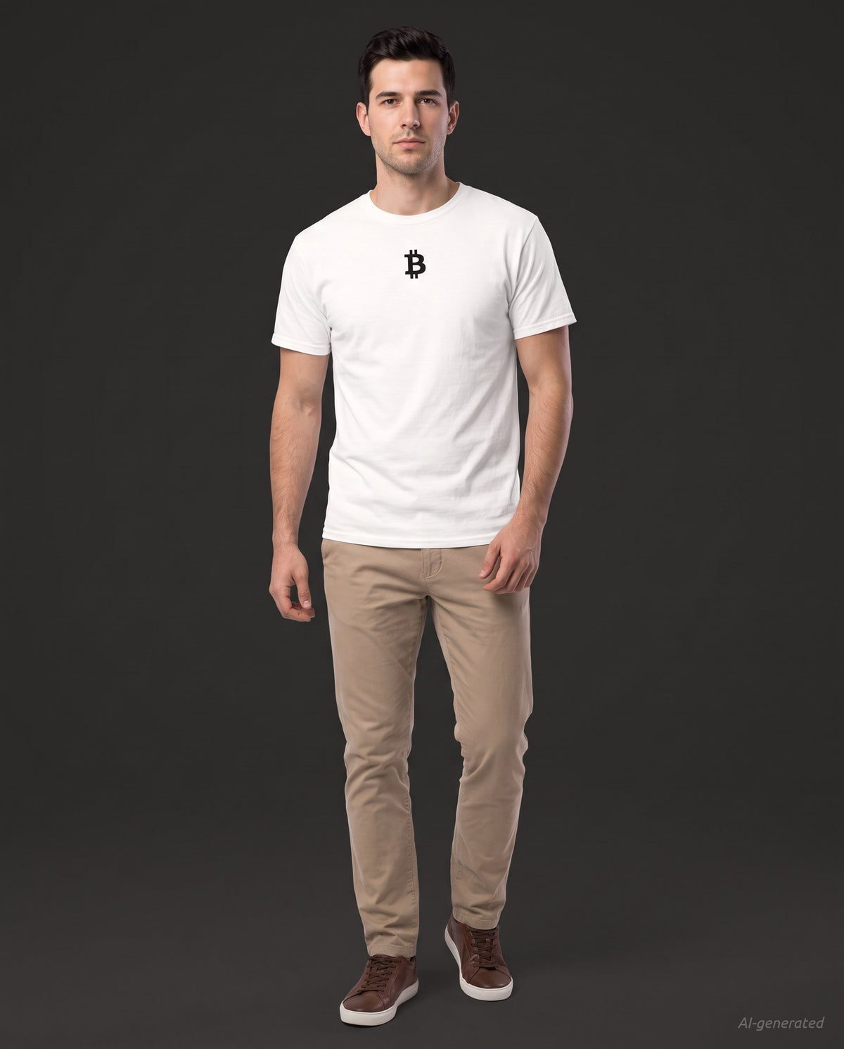 Bitcoin Whitepaper on a white t-shirt, studio full figure