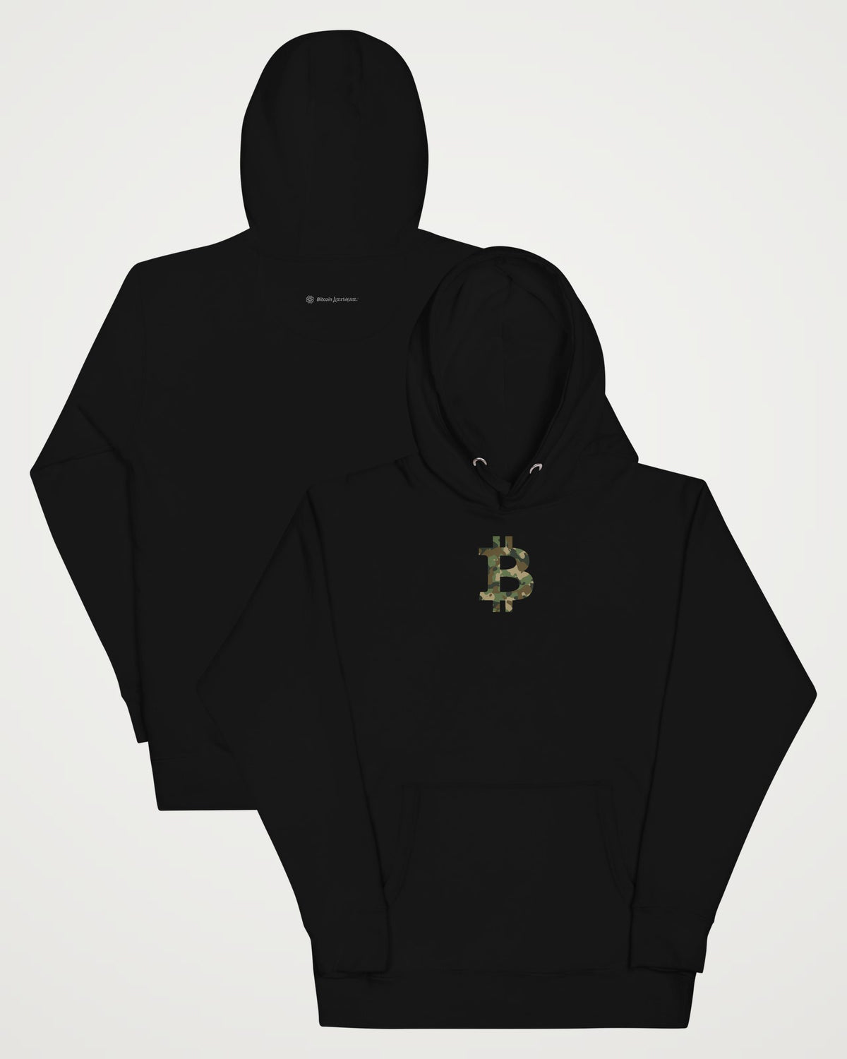 Camo Bitcoin Symbol on a black hoodie, collage view