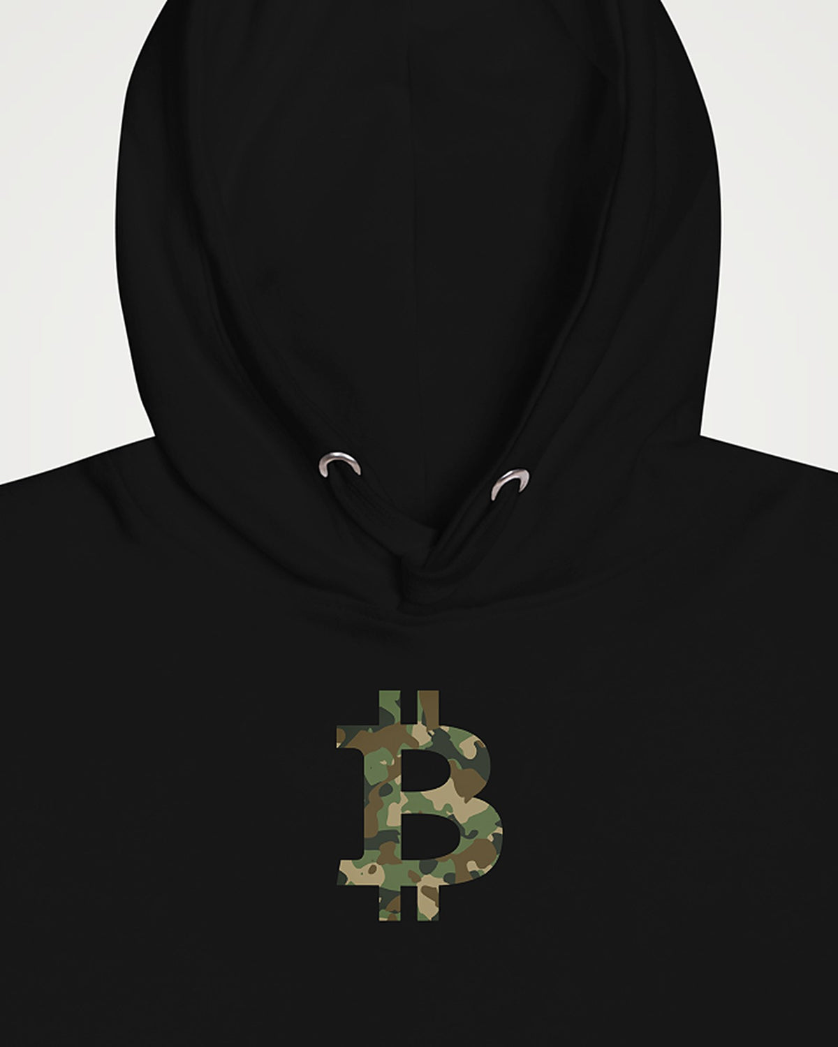 Camo Bitcoin Symbol on a black hoodie, detail view