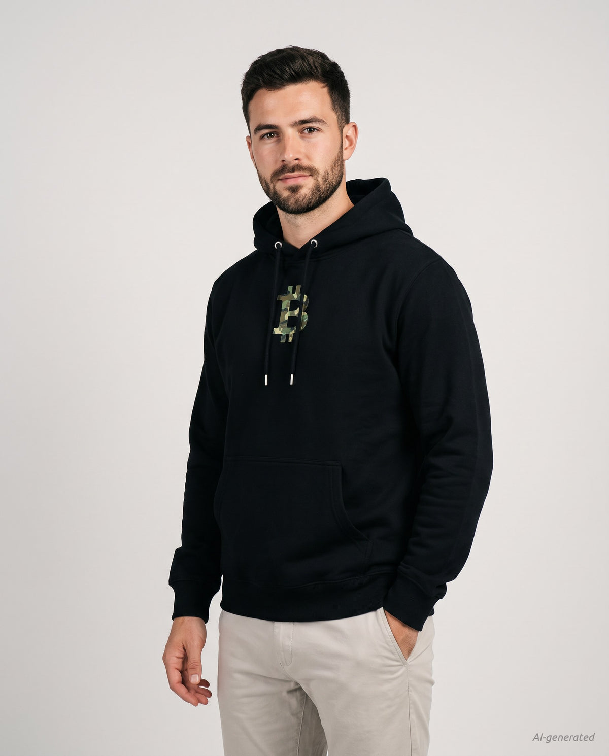 Camo Bitcoin Symbol on a black hoodie, studio front