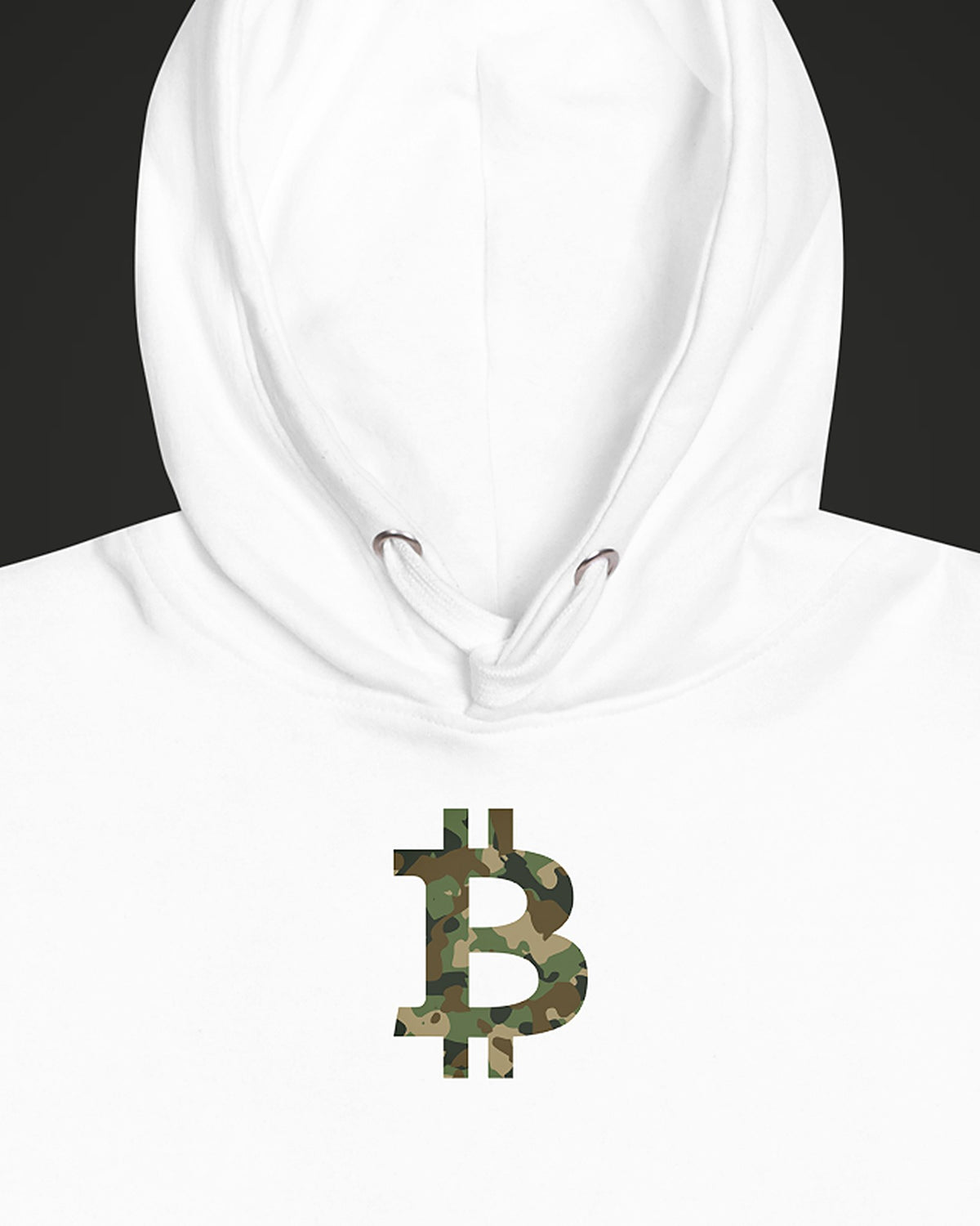 Camo Bitcoin Symbol on a white hoodie, detail view