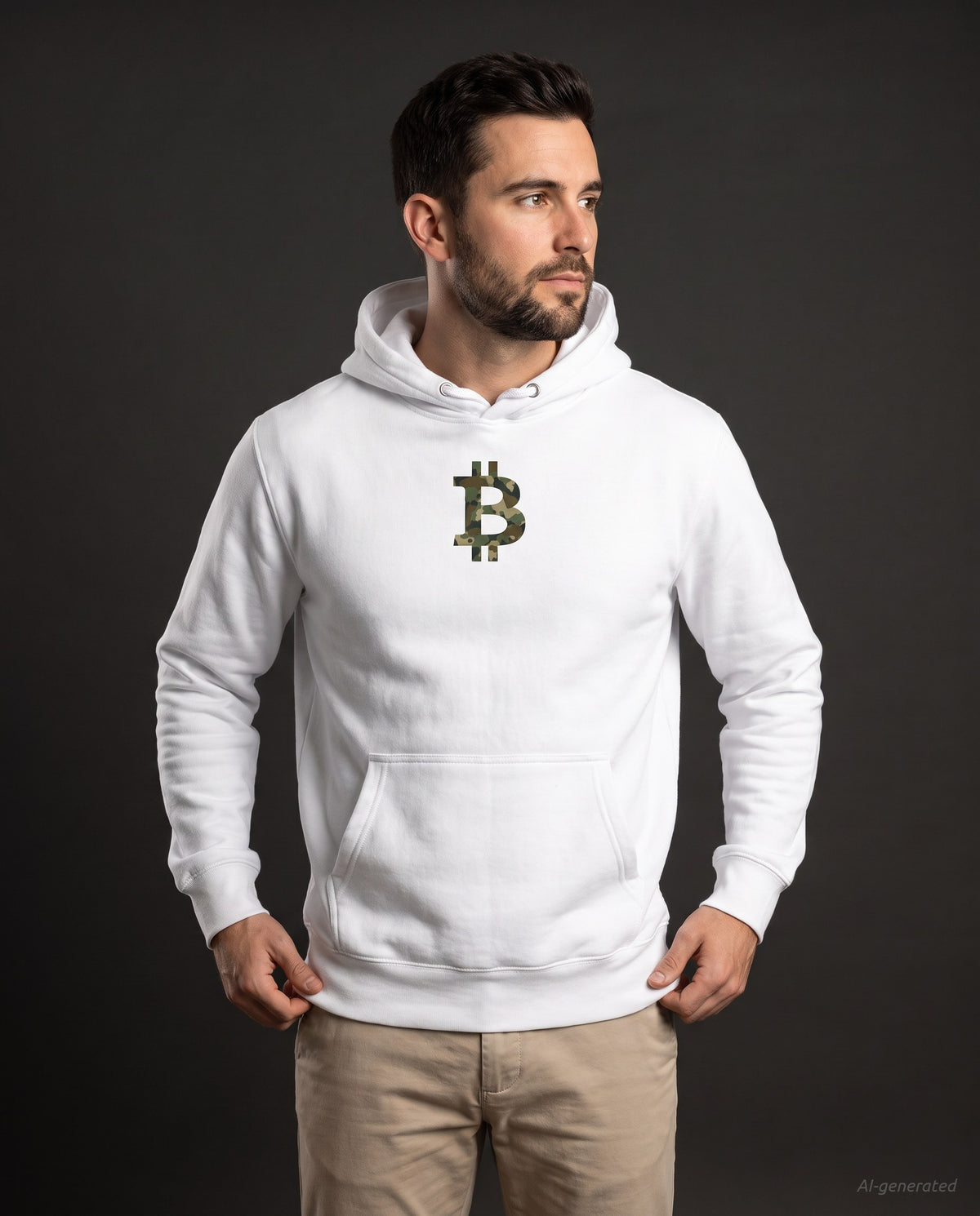 Camo Bitcoin Symbol on a white hoodie, studio front