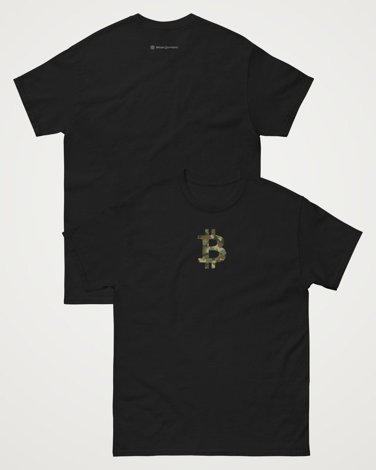 Camo Bitcoin Symbol on a black t-shirt, collage view