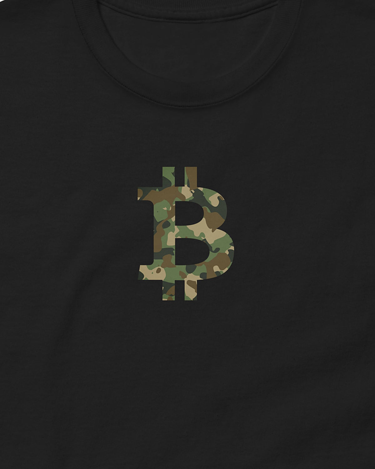 Camo Bitcoin Symbol on a black t-shirt, detail view