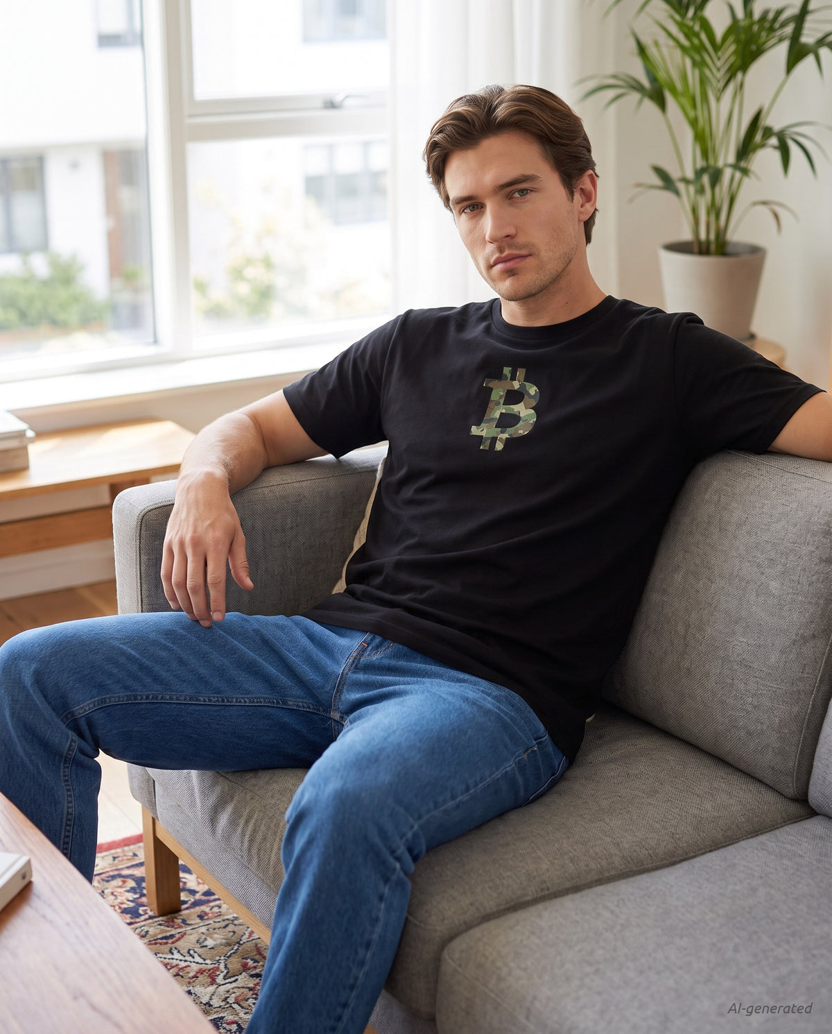 Camo Bitcoin Symbol on a black t-shirt, scandinavian living room