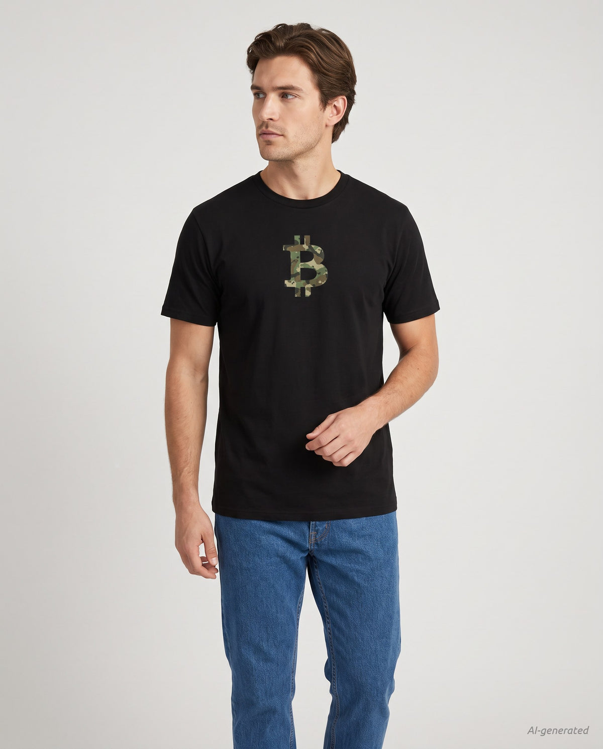 Camo Bitcoin Symbol on a black t-shirt, studio front