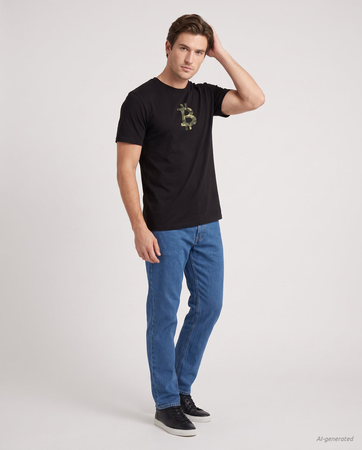 Camo Bitcoin Symbol on a black t-shirt, studio full figure