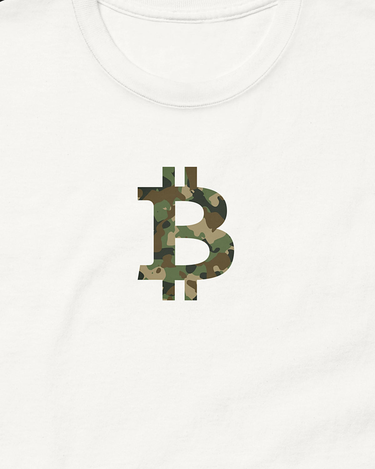 Camo Bitcoin Symbol on a white t-shirt, detail view
