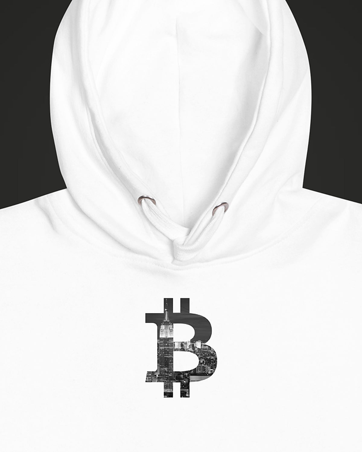 New York Bitcoin Symbol on a white hoodie, detail view