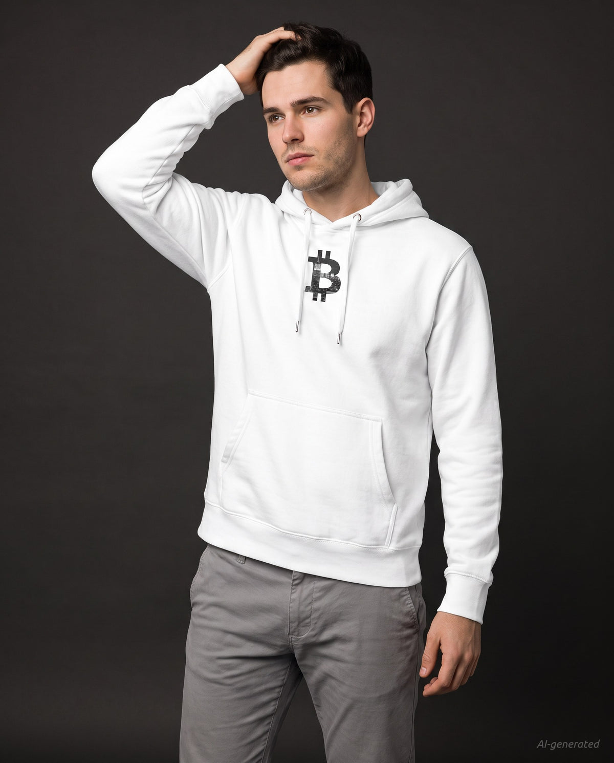 New York Bitcoin Symbol on a white hoodie, studio front
