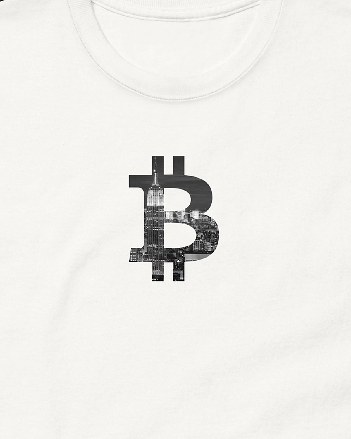 New York Bitcoin Symbol on a white t-shirt, detail view