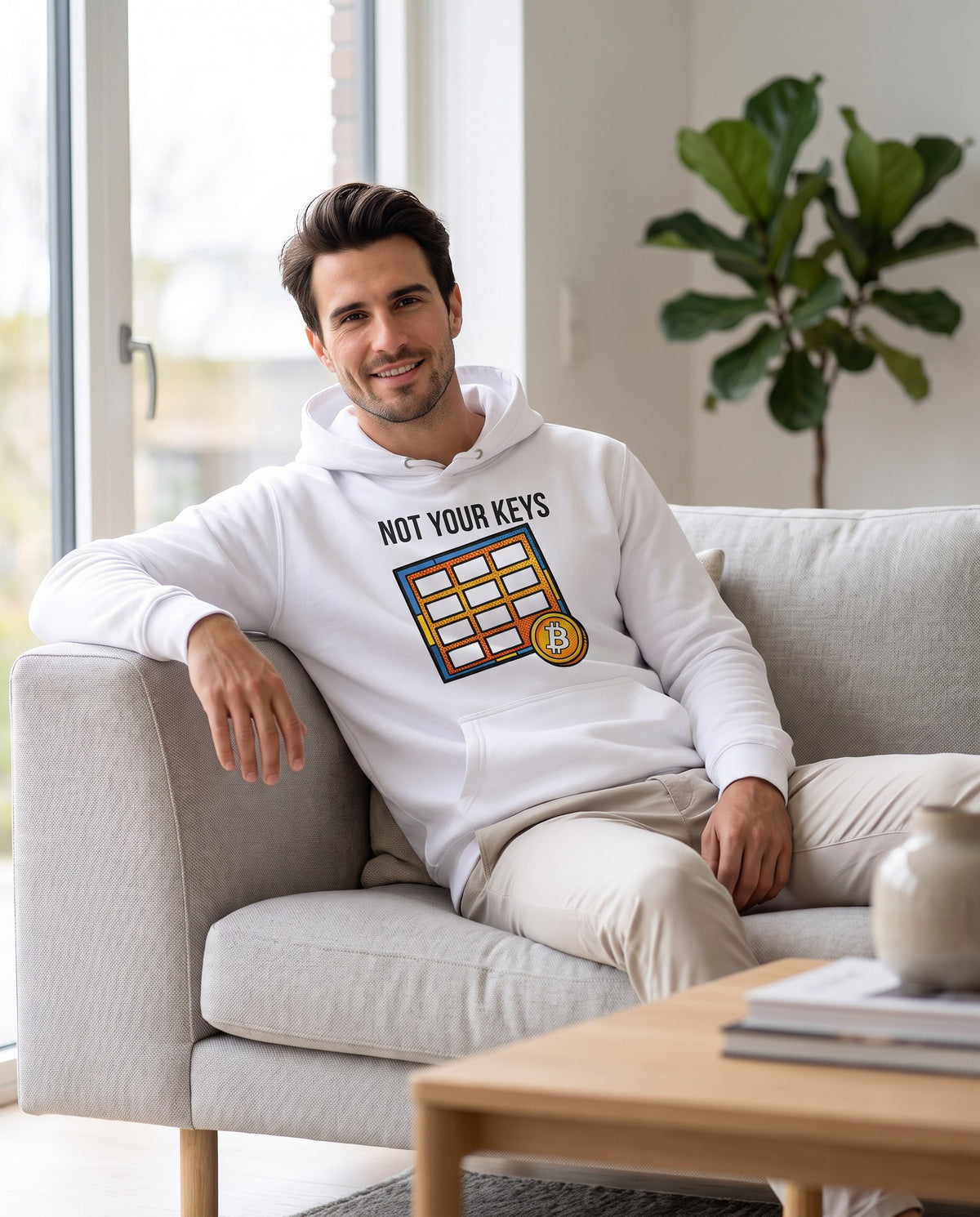 Not Your Keys on a white hoodie, scandinavian living room
