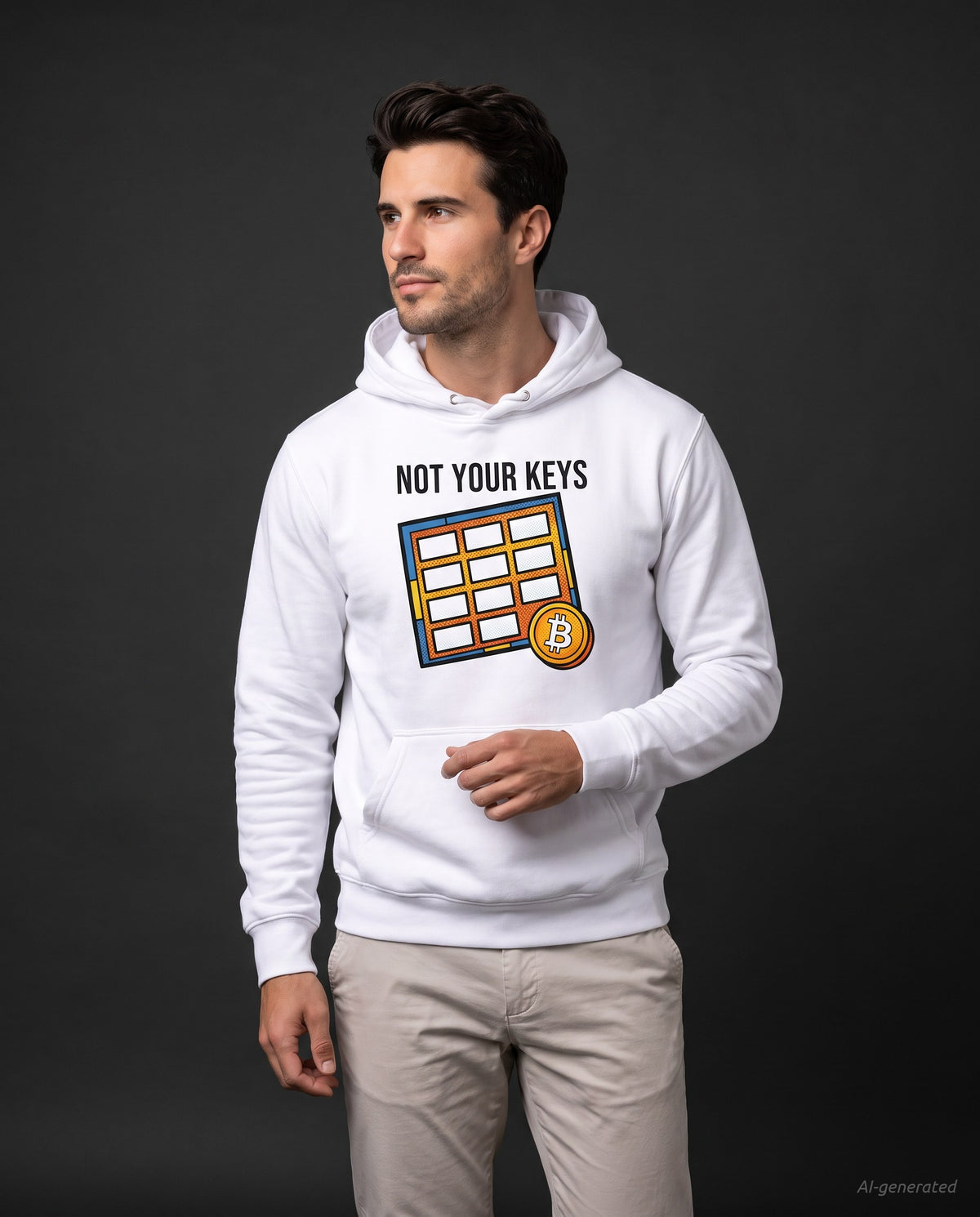 Not Your Keys on a white hoodie, studio front