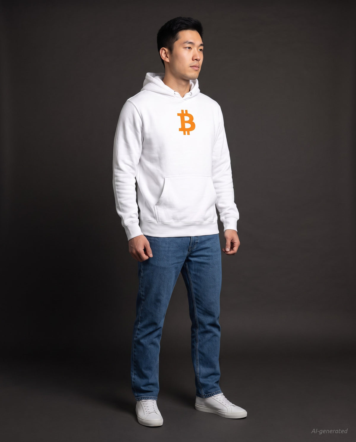 Orange Bitcoin Symbol on a white hoodie, studio full figure