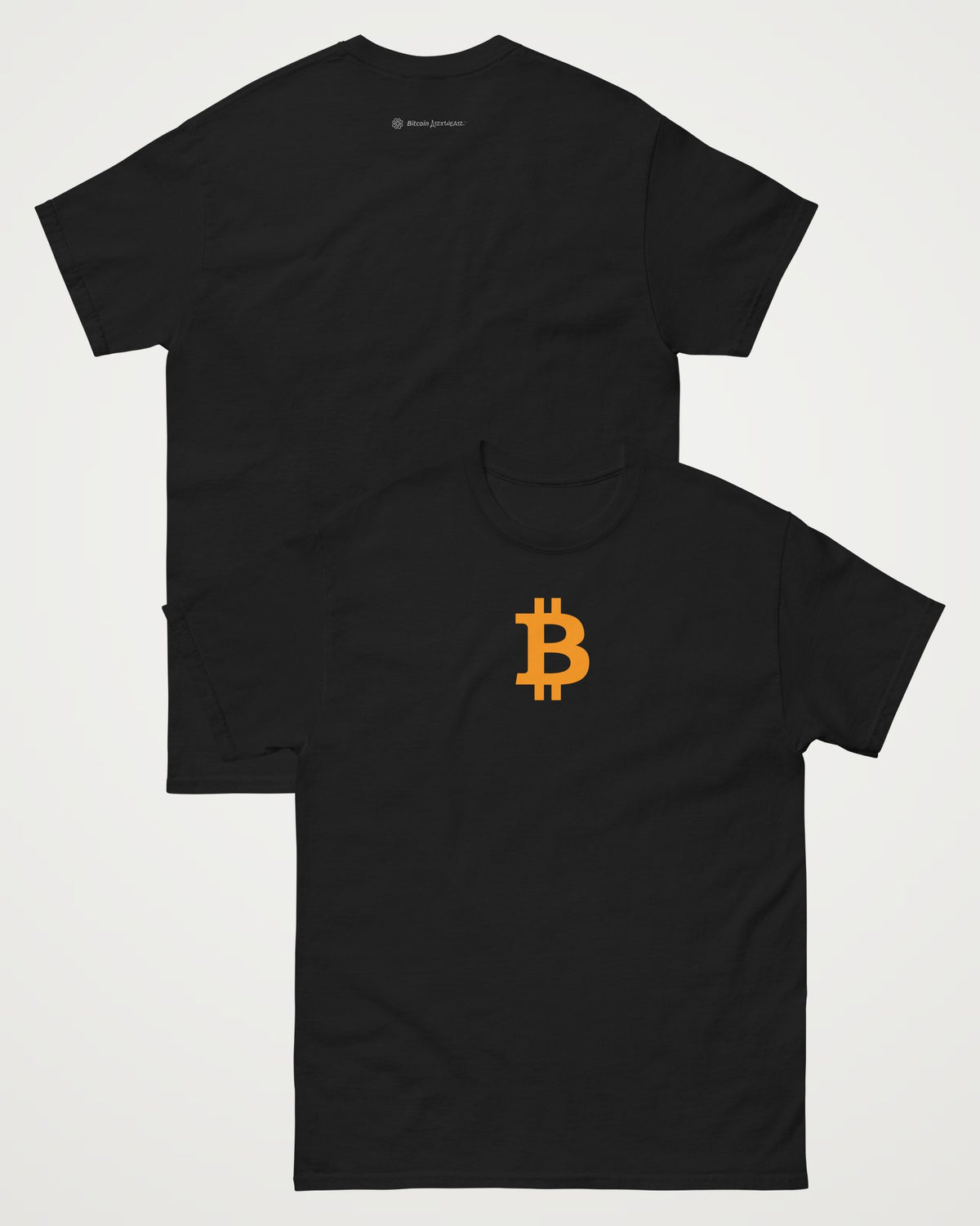 Orange Bitcoin Symbol on a black t-shirt, collage view