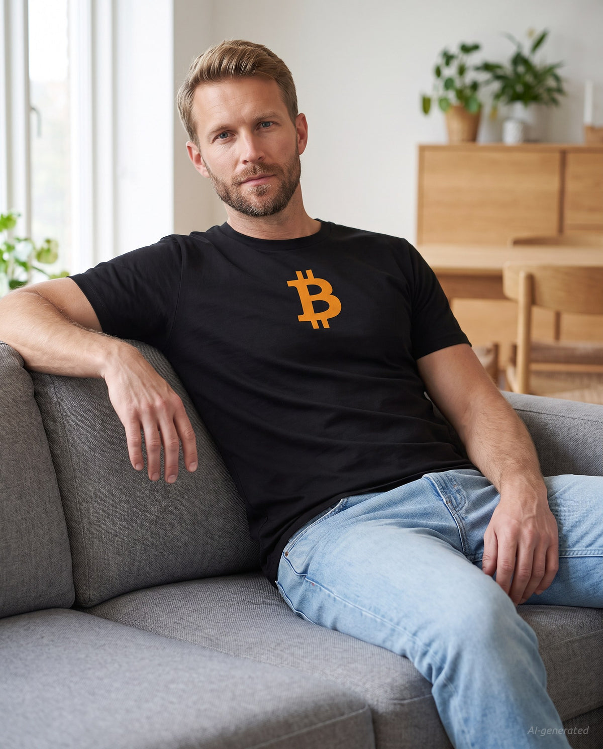 Orange Bitcoin Symbol on a black t-shirt, scandinavian living room
