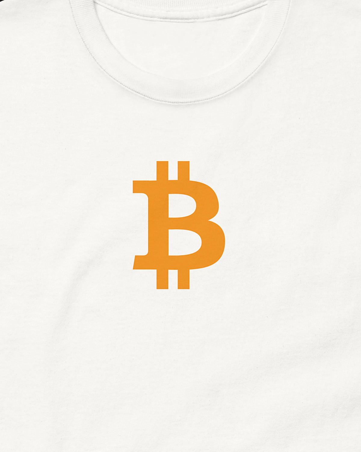 Orange Bitcoin Symbol on a white t-shirt, detail view