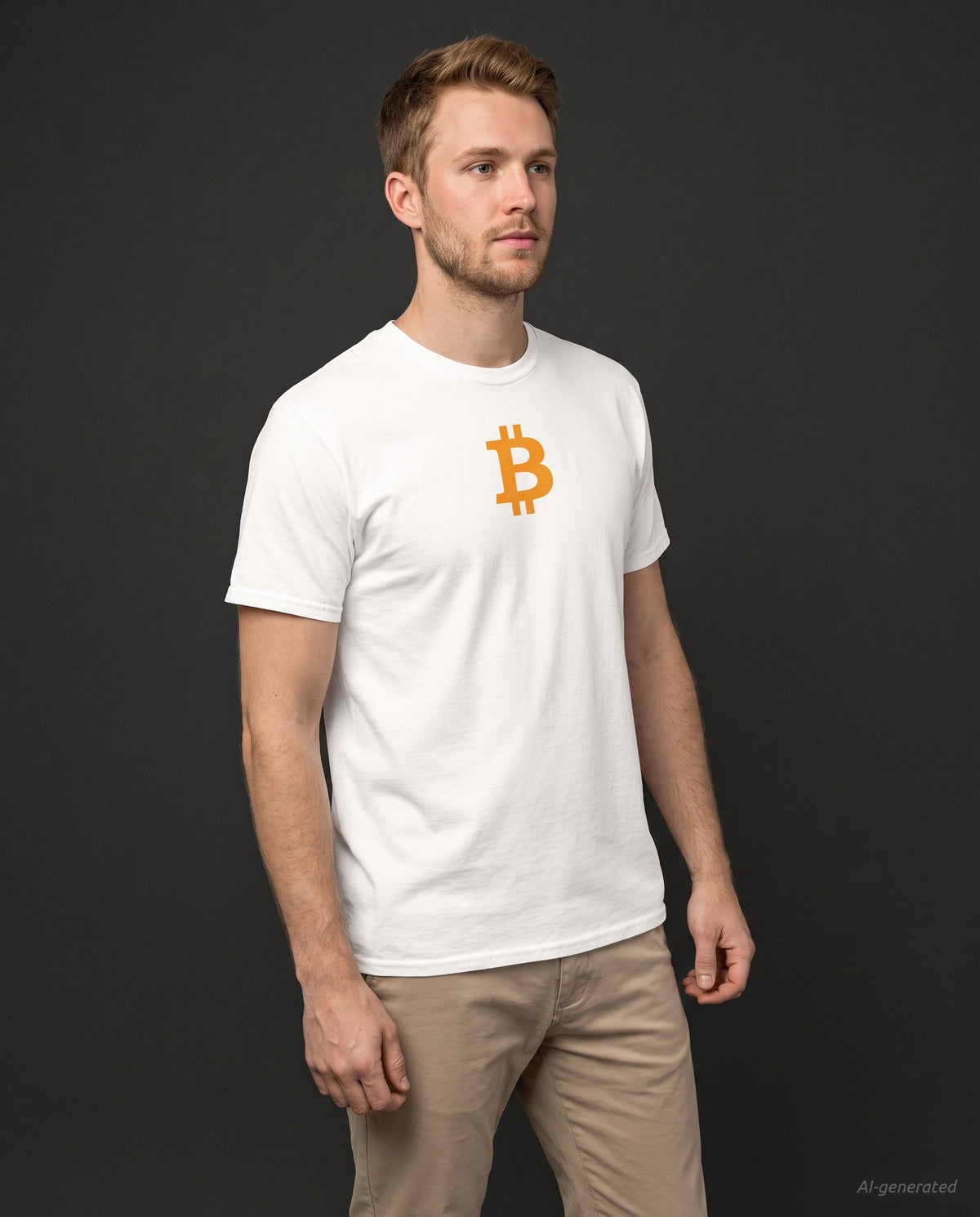 Orange Bitcoin Symbol on a white t-shirt, studio front