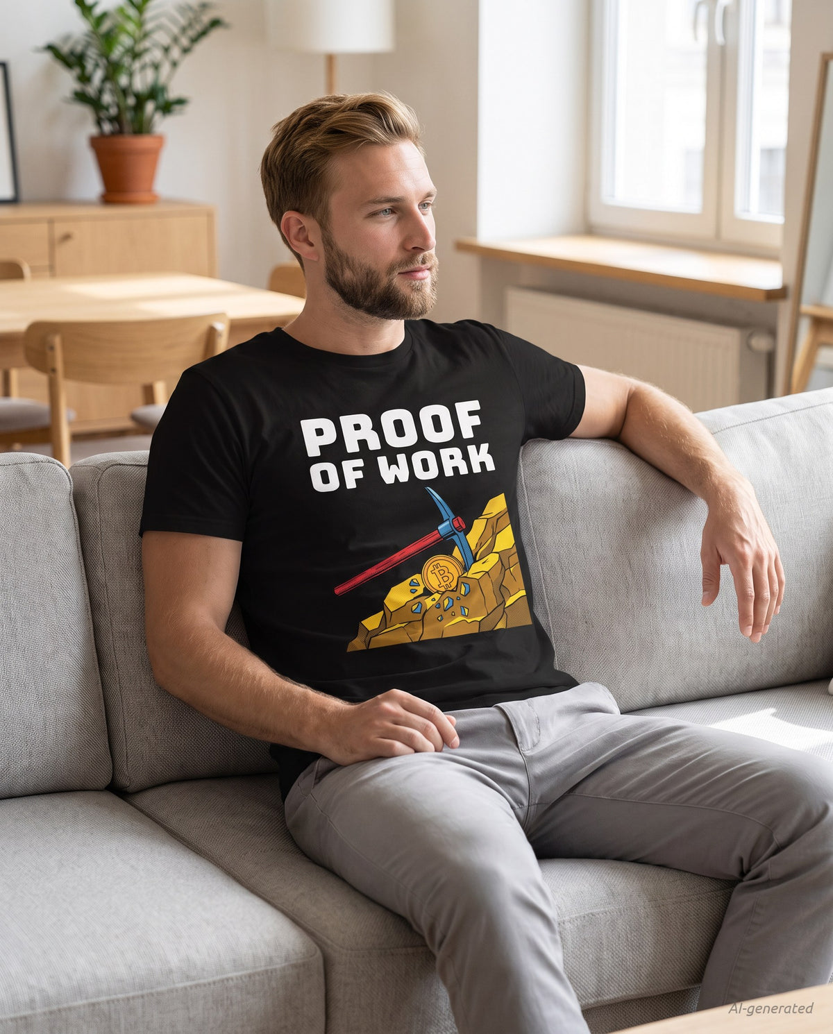 Proof Of Work on a black t-shirt, scandinavian living room