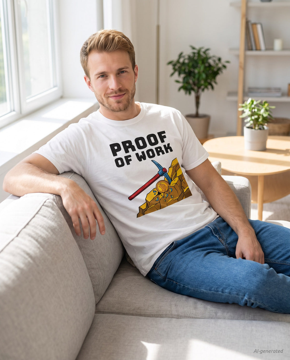 Proof Of Work on a white t-shirt, scandinavian living room