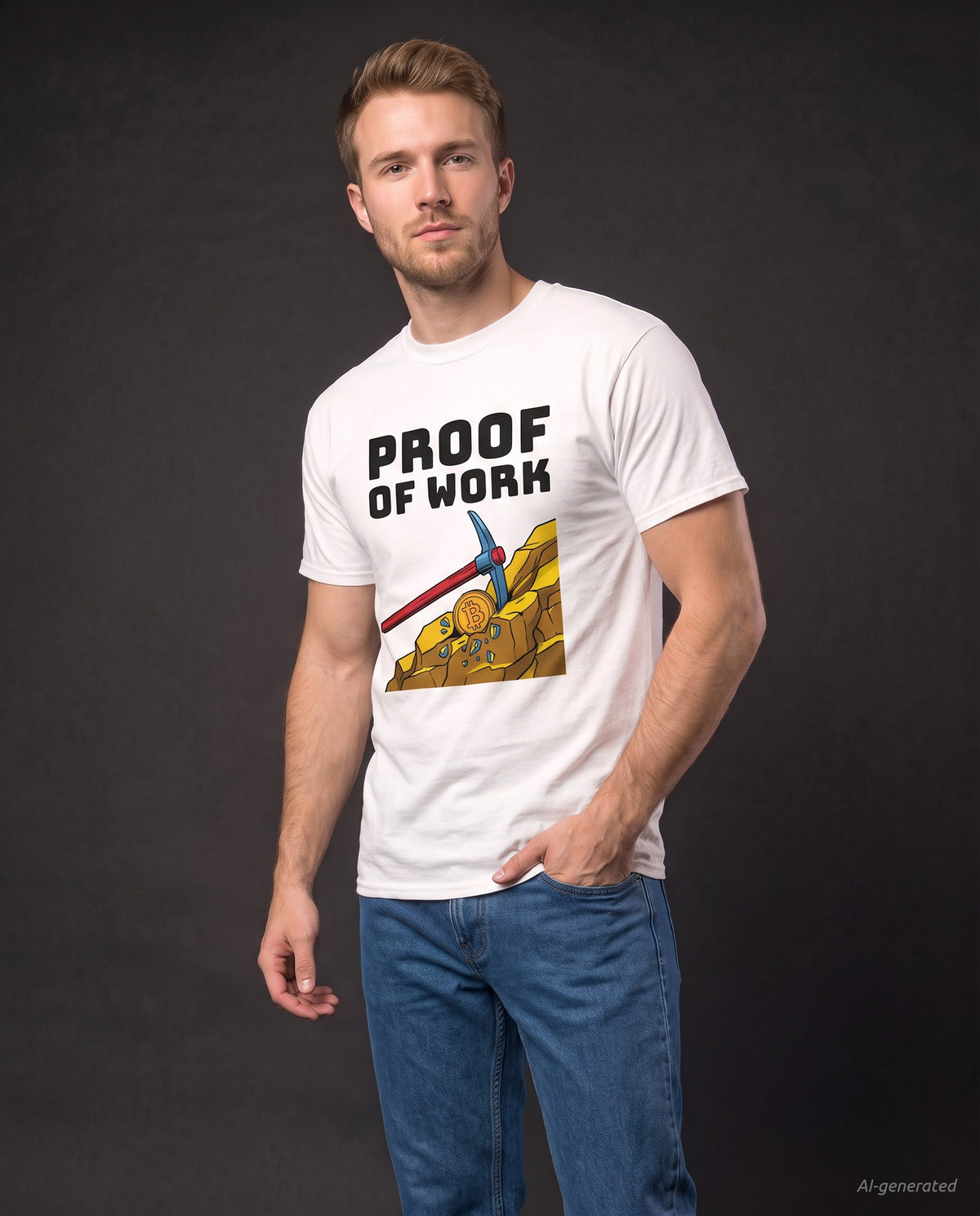 Proof Of Work on a white t-shirt, studio front