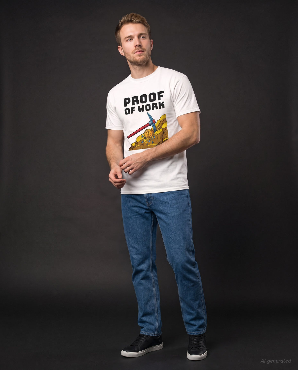 Proof Of Work on a white t-shirt, studio full figure