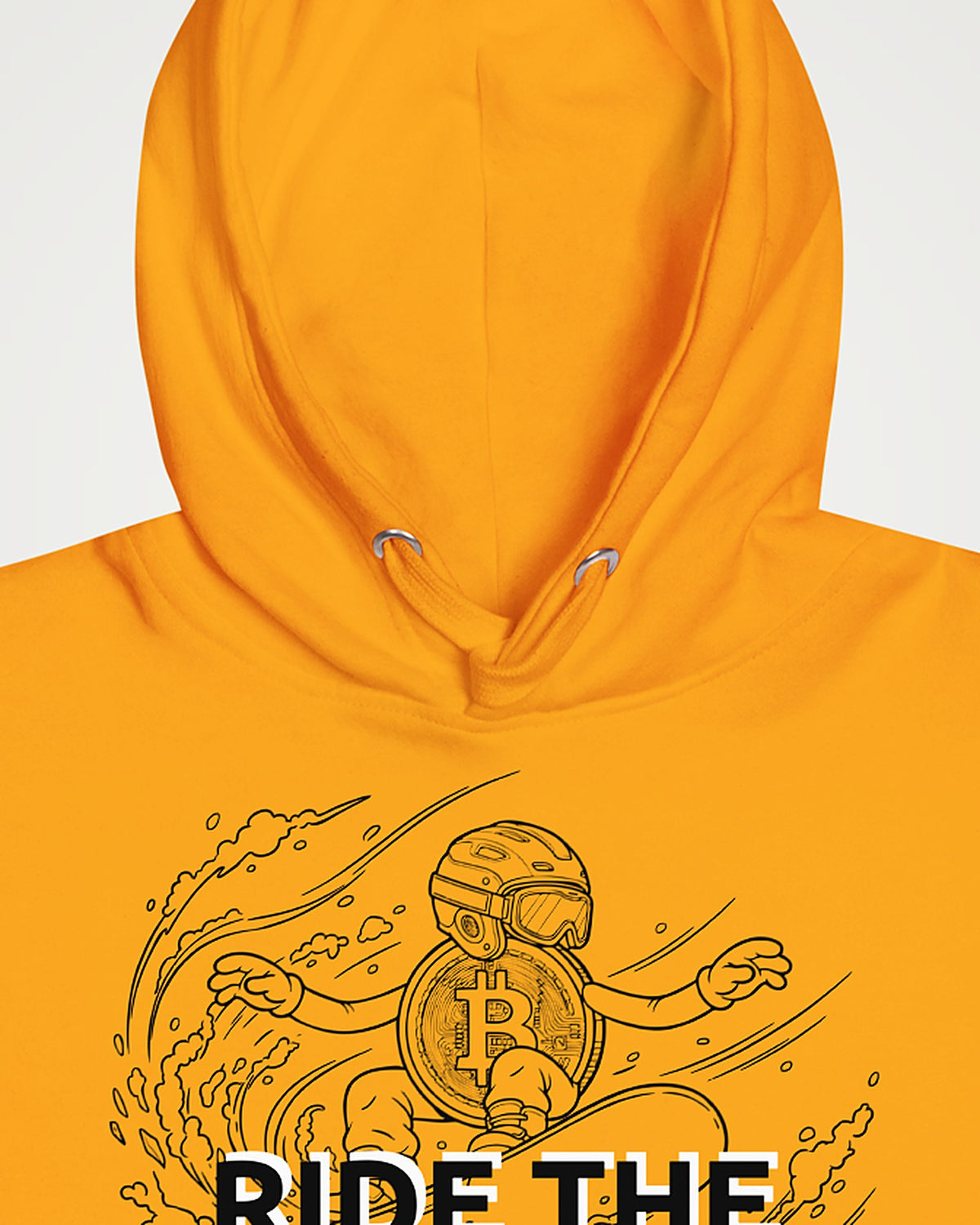 Ride The Orange Slope Snowboard Men's Bitcoin Hoodie on a orange hoodie, detail view